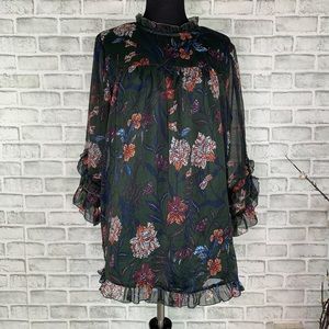 Suzanne Betro Floral Lined Ruffle Sheer Sleeve Top